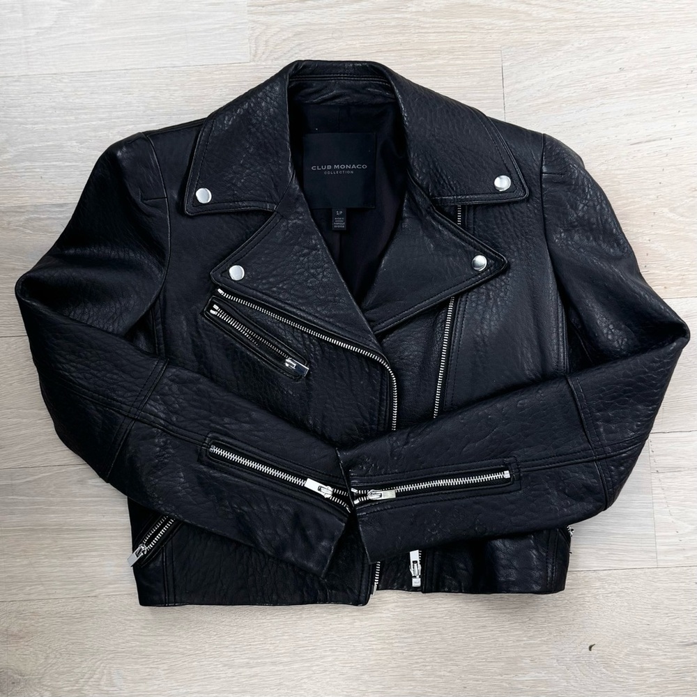Club Monaco Collection Cropped Leather Biker Moto Jacket - Size Small